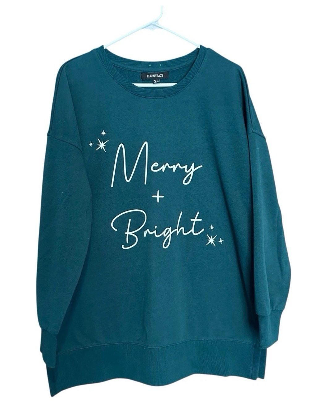 Ellen Tracy Womens Dark Green Merry Bright Christmas Crewneck Sweater XL